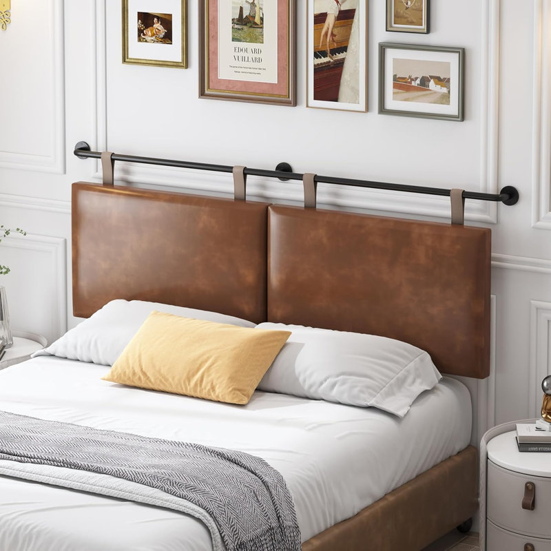 King Size Wall Mounted Upholstered Headboard – Modern Faux Leather Bed Headboard, Brown