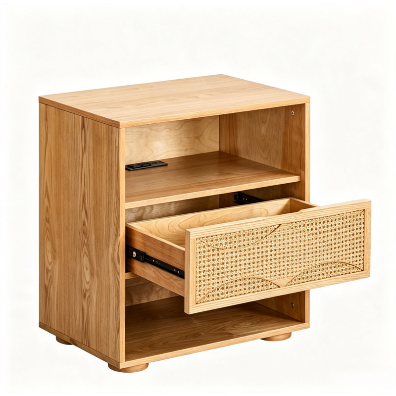 Table de chevet en bois et rotin avec tiroir, tablettes de rangement ouvertes, table de bout d'appoint Boho, armoire de chevet au fini chêne naturel pour chambre à coucher, salon