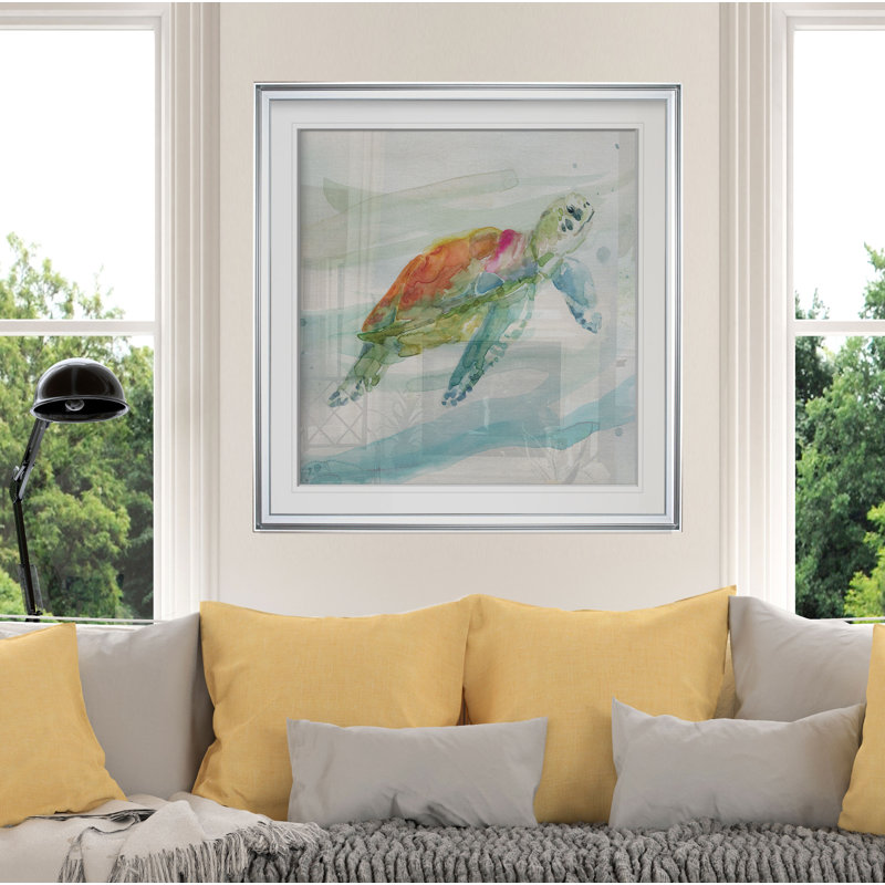 « turtle tropiques i », peinture, H 28 po x l 28 po x p 2 po, Cadre argenté