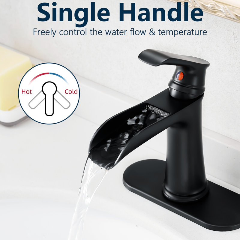 Bathroom Faucet With Deck Plate Waterfall, Black Matte, Pop Up Drain, Supply Lines, One Handle , Geometric Design, Side Functionality Matte Waterfall Sink Faucet, Plate, Hoses, Single Style,