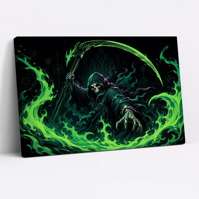 Grim Reaper With Glowing Green Scythe Halloween Canvas Wall Art