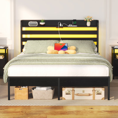 Cadre de grand lit avec port USB et DEL, cadre de grand lit standard avec tête de lit, noir