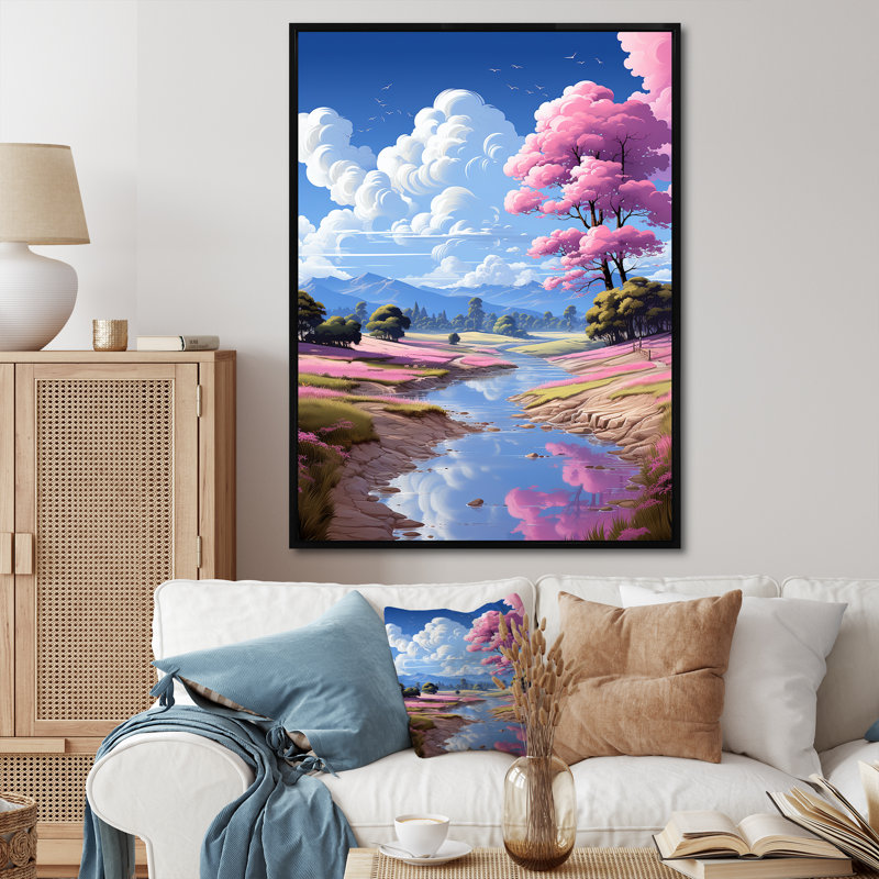 «Rose and Blue Pink Traverse River», art mural abstrait, Cadre flottant noir, H 40 po x l 30 po x P 1,5 po