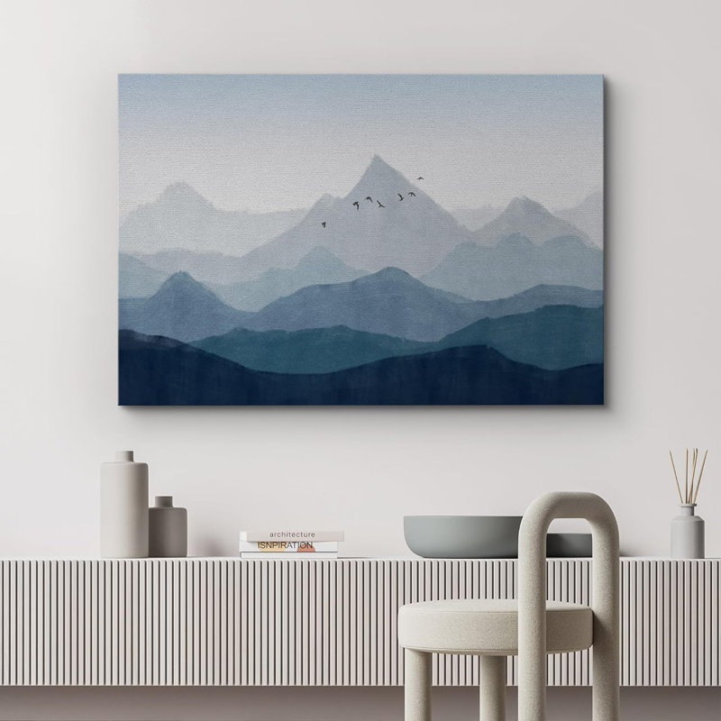 Navy Blue Misty Mountain Range Nature Fine Art Large Wall Art Pictures Bedroom Office, Wrapped Canvas, 32" H x 48" W x 1.5" D
