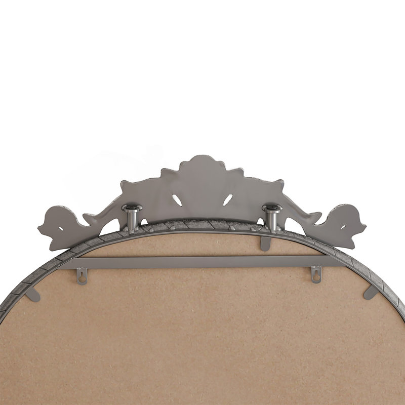 Wall Mounted Arched Full Body Mirror with Vintage Ornate Carved Applique on Top, Antique Silver
