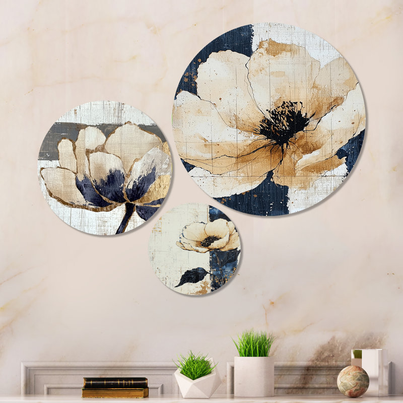 Minime pivoine beige et bleue - ensemble de 3 reproductions d'art murales florales en métal