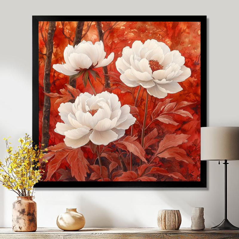Pivoines et érable rouge - art mural pivoines pour le salon, Reproduction encadrée d'une seule photo, Noir, noir, noir, noir