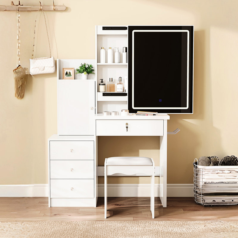 Bureau blanc avec miroir coulissant, 4 tiroirs, 9 espaces de rangement, compartiments cachés et tabouret rembourré. Miroir à DEL avec gradation continue de trois options de couleur. Hub d'alimentation intégré 2 prises CA, 1 type