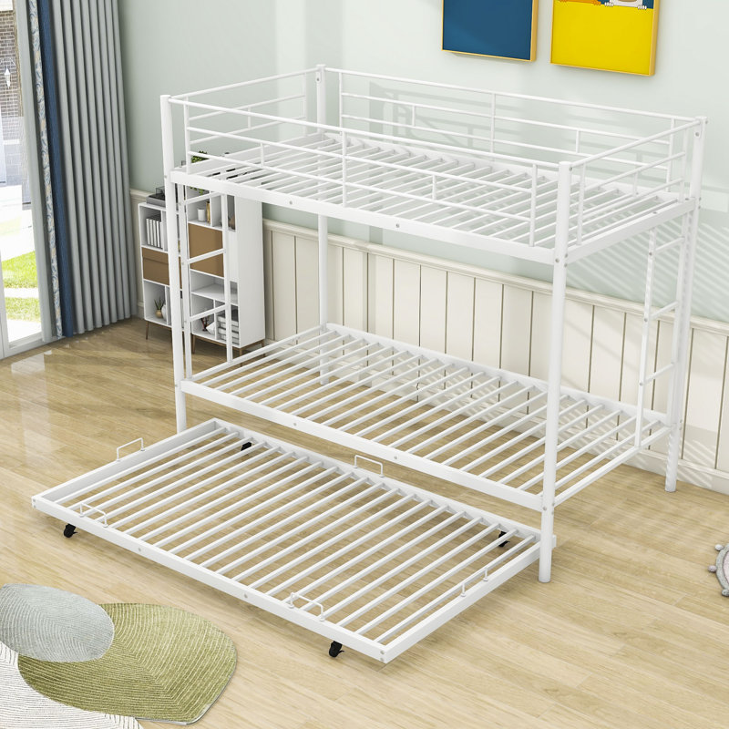 Savitr Kids Twin Over Twin Metal Bunk Bed with Twin Size Trundle, White