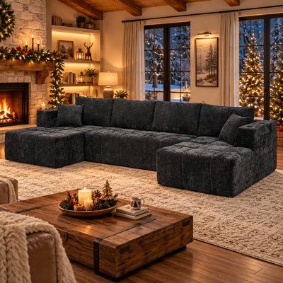 Aino U-Shaped Chenille Cloud Sectional Sofa with Dual Lounges and Cup Holders
