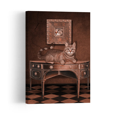 Curious Cat Portrait Surreal Vintage Whimsical Cat Portrait Wall Art Print by Marja Van Den - Wrapped Canvas Print