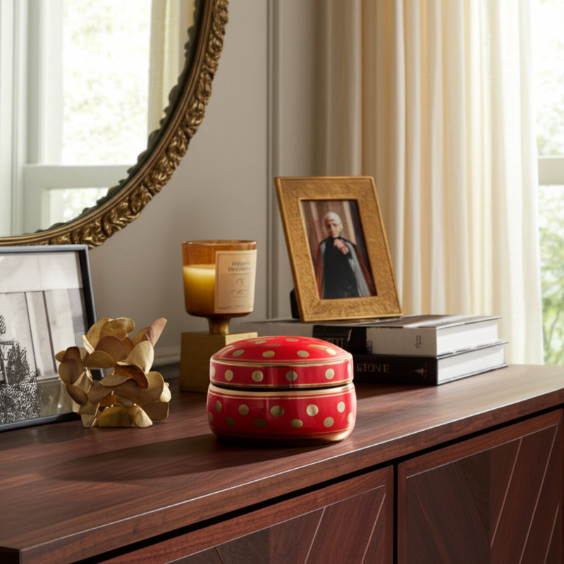 Embla Stoneware Ceramic Jar with Lid and Glam Polished Dot Embellishments for Decorative Display, 3.75" H x 7" W x 7" D