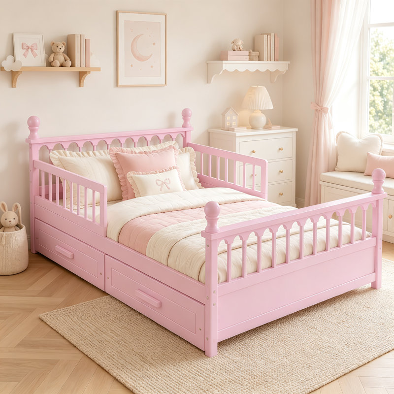 Structure de lit pour enfant pleine grandeur avec 2 tiroirs de rangement sous le lit, lit plateforme en bois avec garde-corps de sécurité, conception à profil bas, système de support à lattes robuste, aucun sommier nécessaire, rose