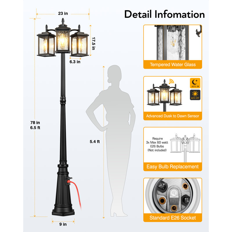 Lampadaire d'extérieur avec prise de courant d'extérieur, crépuscule à l'aube
