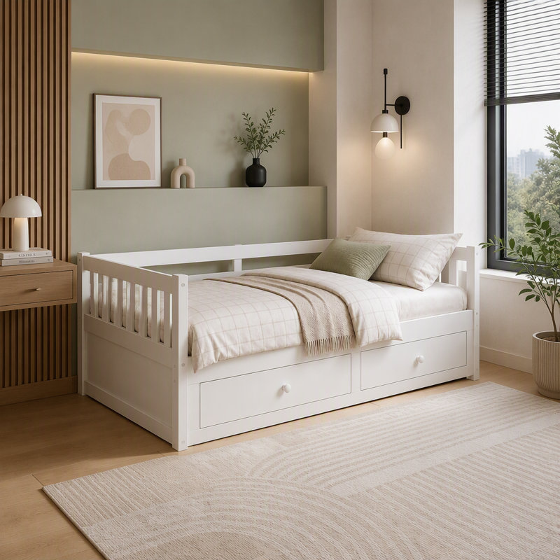 Lit de jour extensible avec lit gigogne escamotable, cadre de lit convertible en bois avec garde-corps et support à lattes, 2 tiroirs intégrés, facile à assembler, aucun sommier nécessaire
