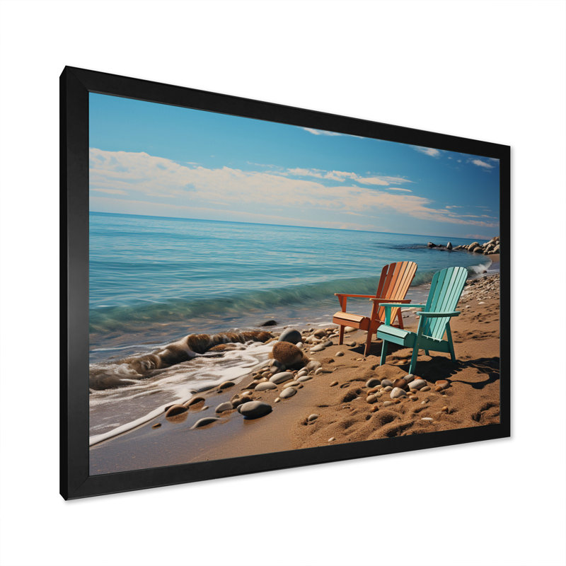 " Teal And Orange Beach Chairs ", 24" H x 32" W x 1" D, Black Picture Framed