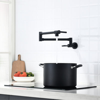 Robinet de remplissage de pot de cuisine - laiton, fixation murale, noirci, bras articulés doubles montés en noir, rotation de 360 ° pour