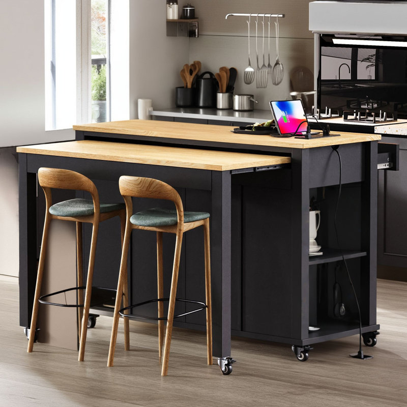 47-inch Kitchen Island (black): With Extendable Dining Table, Rubberwood Veneer, Includes Internal Storage Shelves, Electrical Outlets, 2 Drawers And 2 Cabinets For Storage.