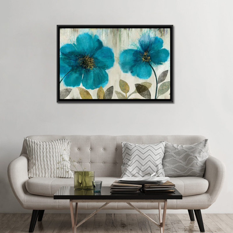 «Teal Flowers», reproduction sur toile, H 18 po x l 26 po x P 1,5 po, Toile avec cadre noir, Pas de tapis