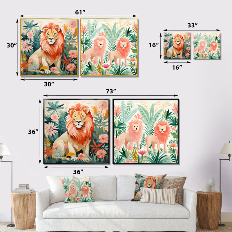 Lion rose et vert dans un motif de forêt I - ensemble de 2 impressions sur toile de lion, Cadre flottant blanc