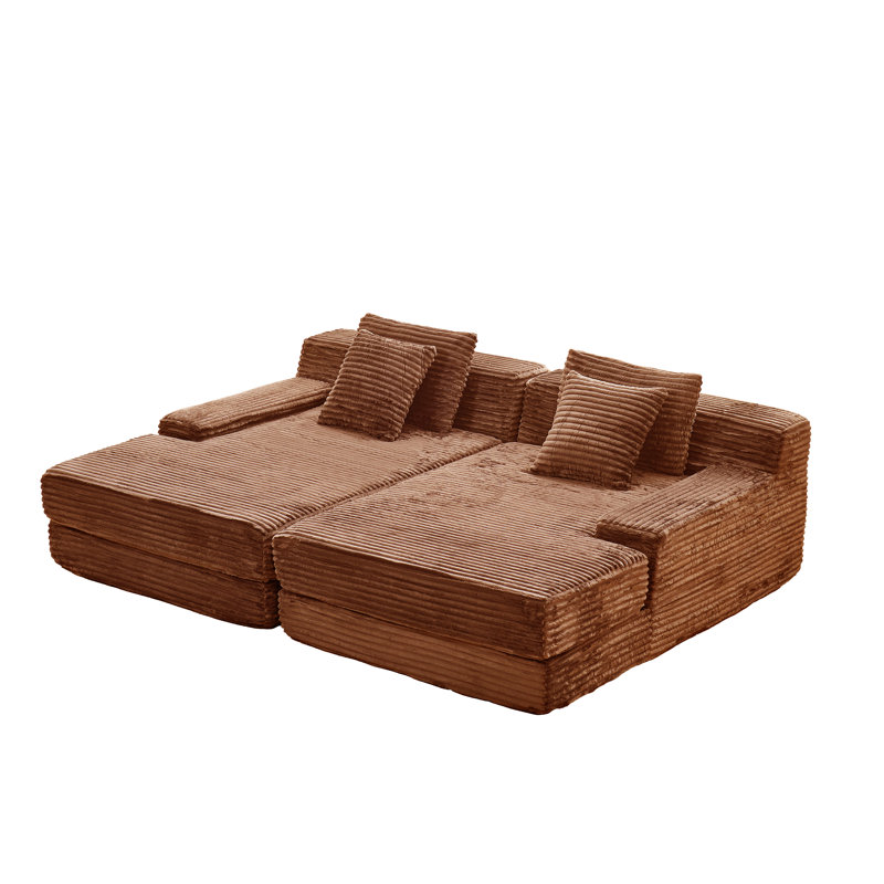 Oversized Modular Flannel Double Chaise Lounge Chair with 4 Pillows, Pure Foam Filled, No Assembly Required, Brown, Brown
