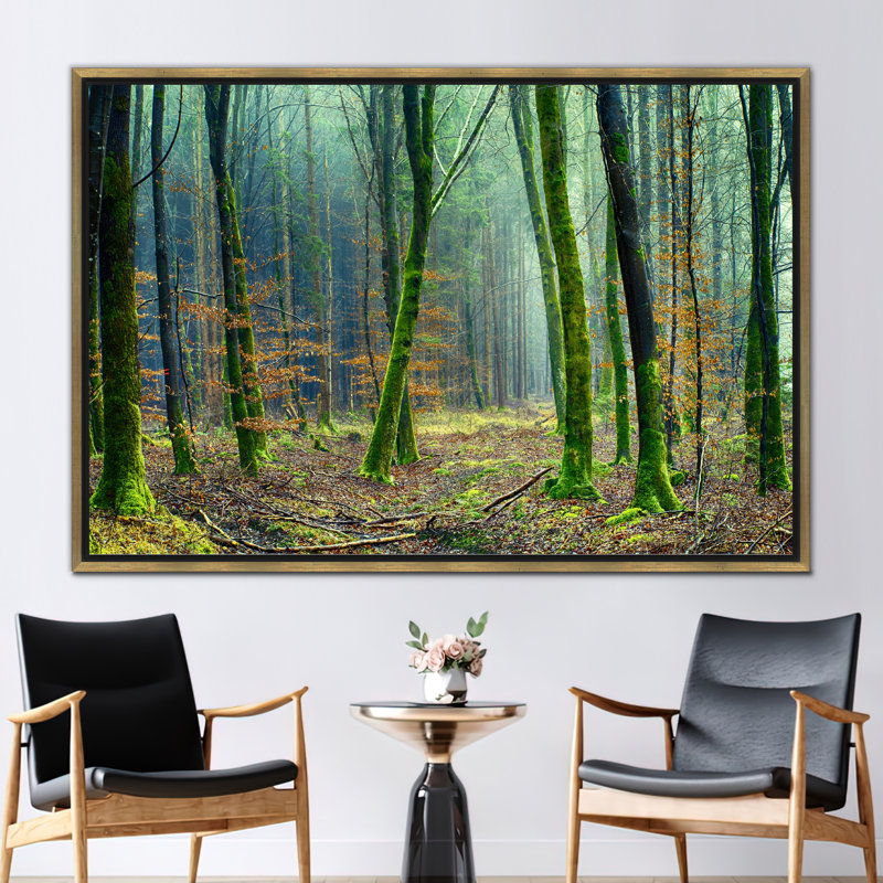 «Vibrant Jungle Landscape», art mural avec forêt luxuriante et grands arbres, décoration murale, H 12 po x l 16 po, Doré