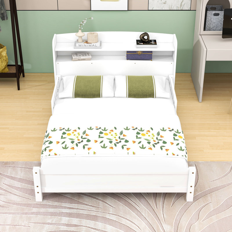 Platform Bed with LED Motion Sensor Light and Bookcase Headboard, White, Full / Double
