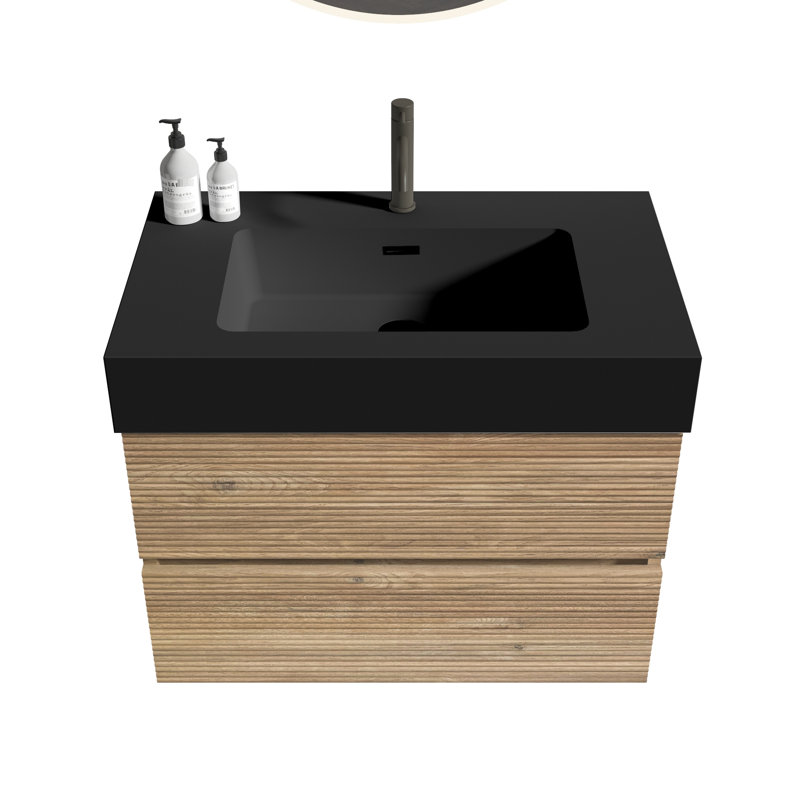Meuble-lavabo mural flottant, 30 pi avec lavabo en quartz d'ingénierie en chêne, tiroirs noirs doux, esthétique Mid-Century, laque à base d'eau E0