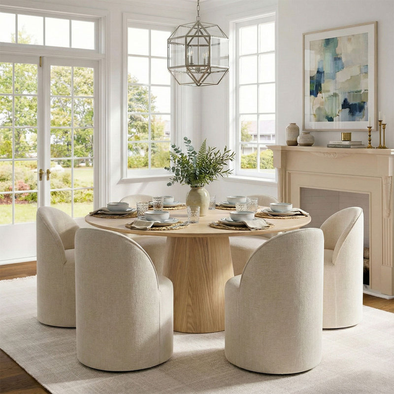 Ensemble de table de salle à manger pour 6 personnes avec table ronde et 6 chaises rembourrées, Naturel, Beige