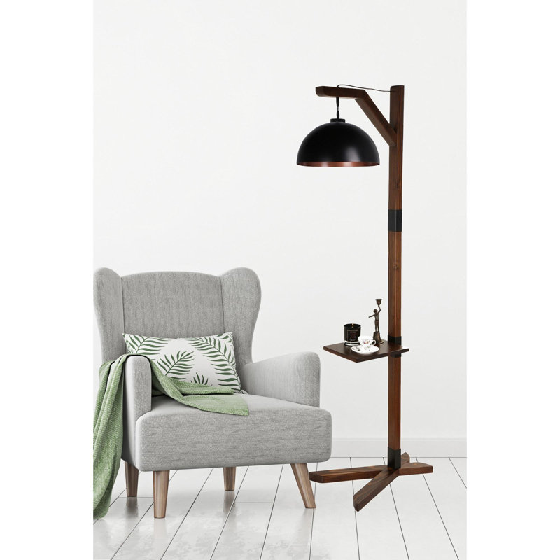 Lampe sur pied élégante en bois avec tablettes Luro, hauteur de 72,8 po | Corps en bois robuste, capuchon en métal, douille E27 (60 W maximum) | Interrupteur marche / arrêt sur le câble | Parfait pour le salon, la chambre à coucher ou le bureau - Design élégant et fonctionnel