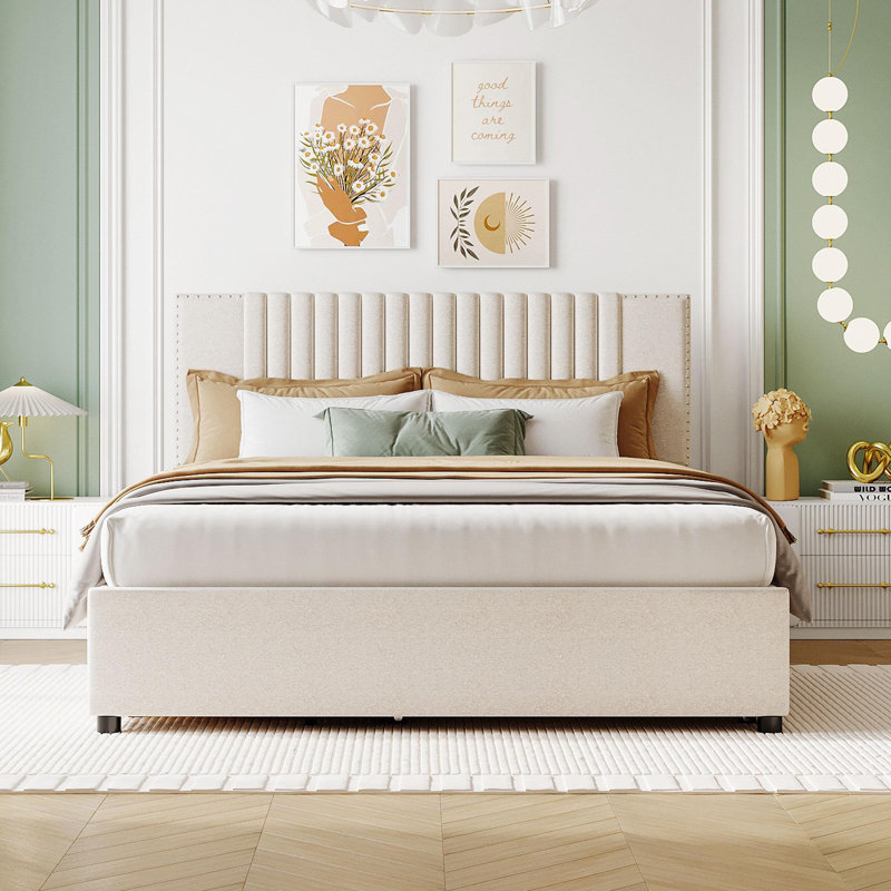 Grand lit plateforme tapissier avec 2 tiroirs et 1 lit gigogne simple TG, tête de lit classique, beige, Beige, Grand lit