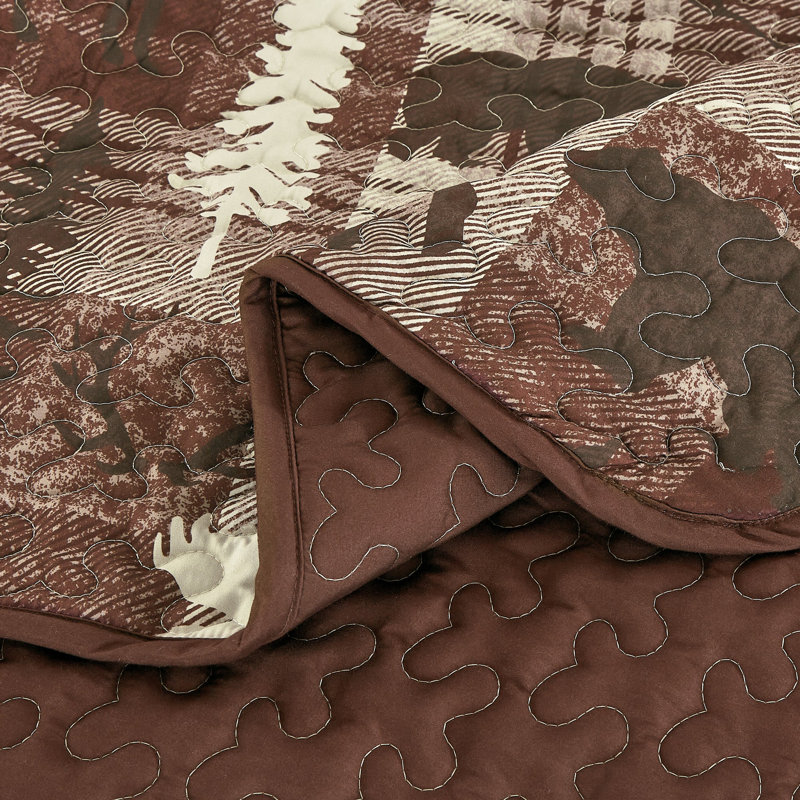 3 Pcs Rustic Polyester Bear Patchwork Quilt Bedspread Set, Queen Quilt + 2 Shams, Burgundy