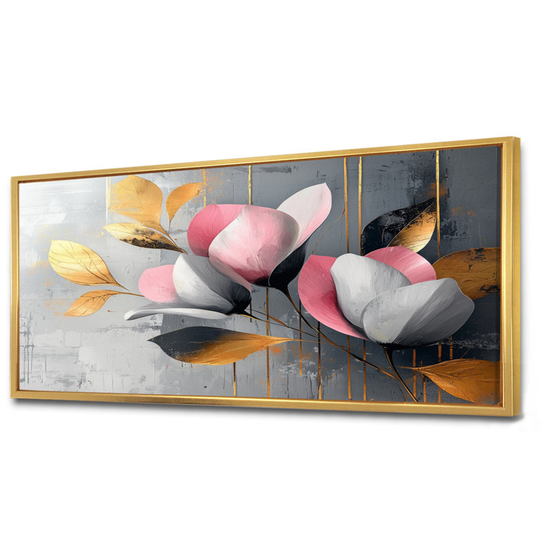 Medders - Floral Large Wall Art, H 28 po x l 60 po, Cadre flottant, Doré