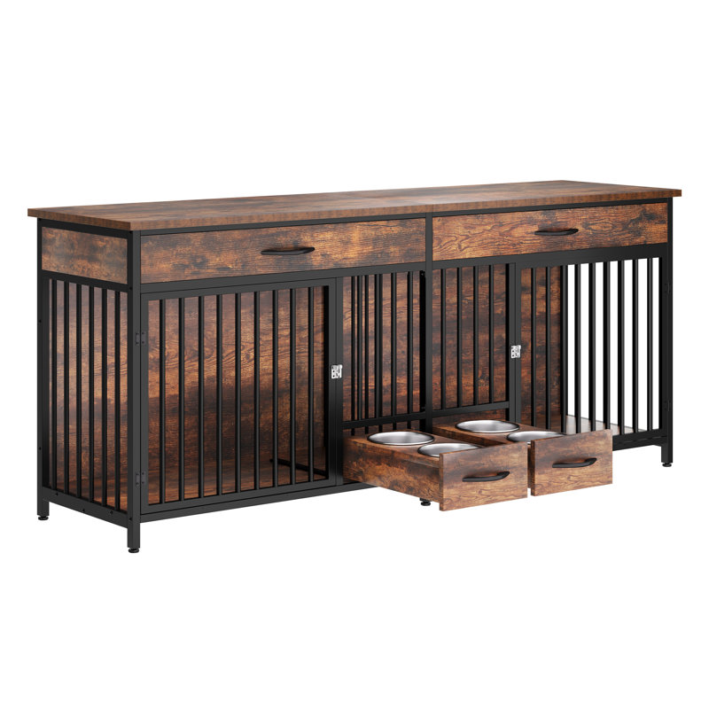 Wooden Double Dog Crate Furniture with Feeders, 34" H x 74.8" W x 22" D, Brown