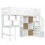 Lit mezzanine simple en bois avec bureau intégré en forme de L, lumières DEL, tablettes de rangement, armoires et escalier-1556578161