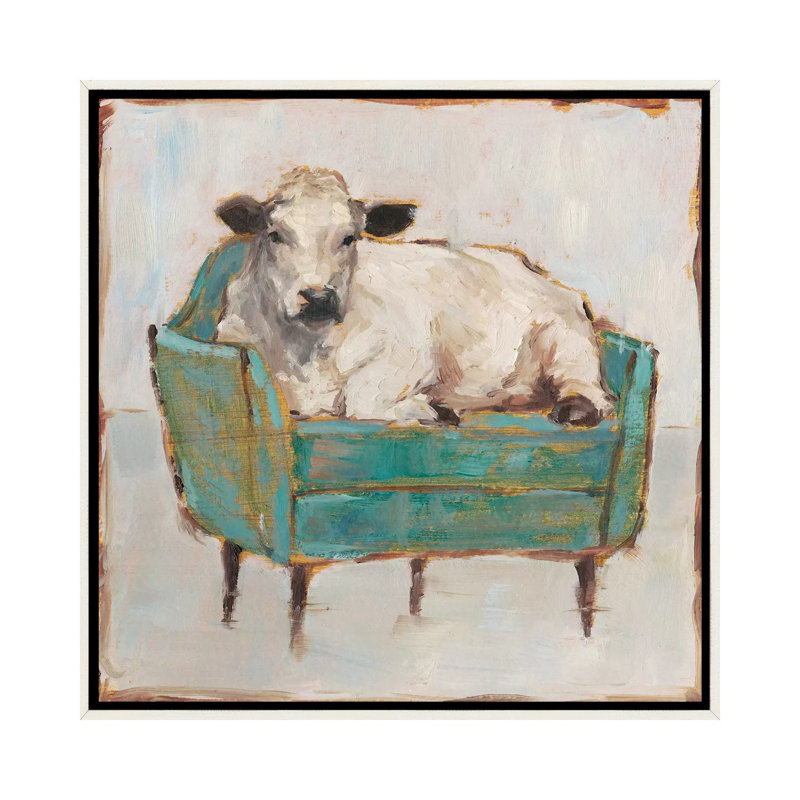 " Moo-ving In I " by Ethan Harper, 18" H x 18" W x 1" D, Distressed White Framed