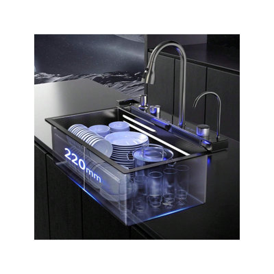 Kitchen sink with LED display and piano-style buttons. Features a three-in-one faucet, filtered water tap, soap dispenser, and glass cleaner (29.53 × 17.72 inches).