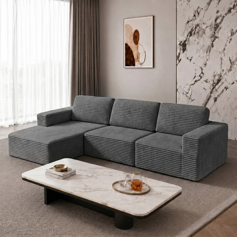 3 Seater Corduroy Sectional, Grey