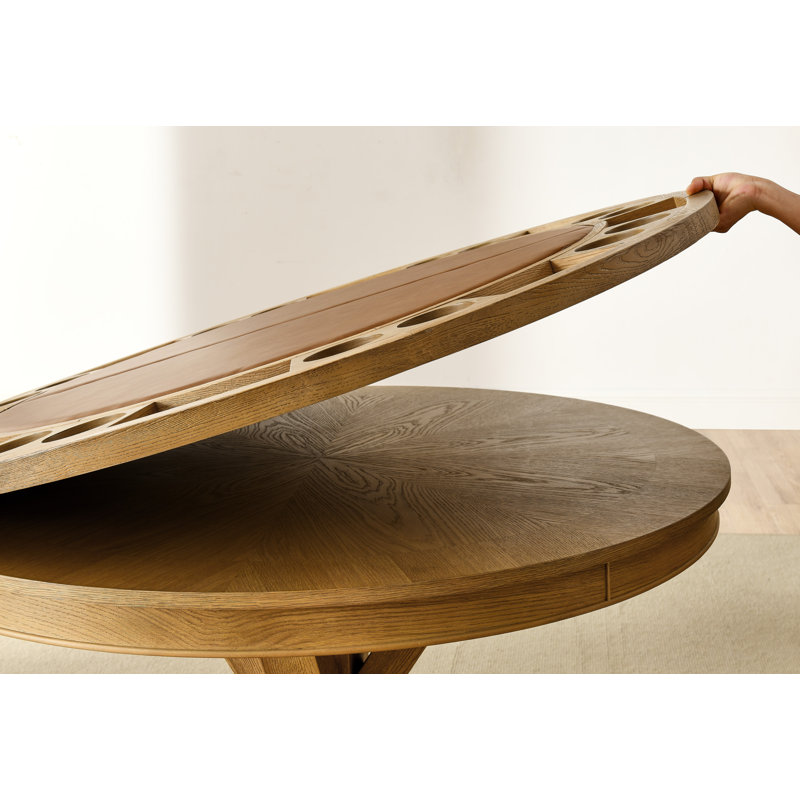 Rustic Round Oak Veneer Dining Table with Game Top