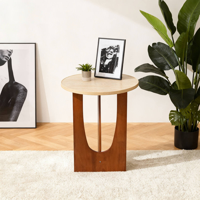 21.2” Round Travertine Look Side Table, Modern Stone-top End Table And Bedside Nightstand With Solid Wood Base, Accent Table For Living Room, Bedroom Or Small Spaces