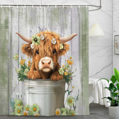 Funny Highland Cow Shower Curtain, Cute Farmhouse Green Floral Western Wood Animal Shower Curtain Set, Country Rustic Turquoise Bathroom Accessories S -  East Urban Home, DBC2F59F1A5A49F9B3B7519A4615B668