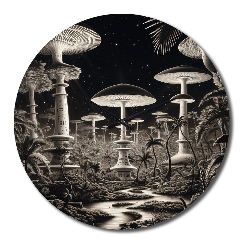 Enigmatique champignon magique en noir et blanc - horloge murale paysage abstrait, Grand