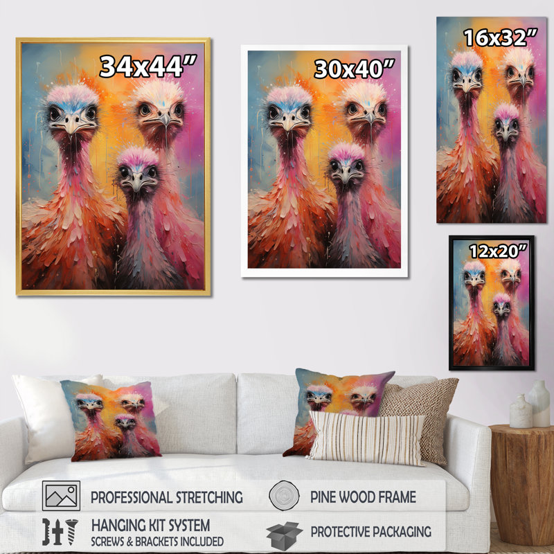 Portraits d'autruche fantaisiste, H 20 po x l 12 po x P 1 po, Toile tendue