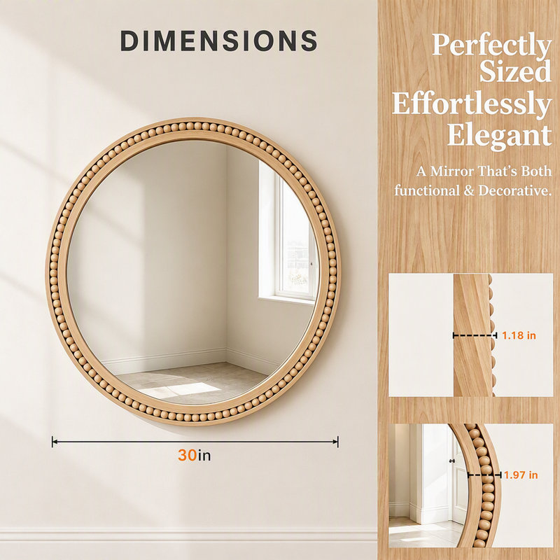 Miroir mural rond de 30 po x 30 po en bois naturel avec cadre en bois massif perlé, miroir rustique de décor de ferme pour entrée, salle de bain et salon