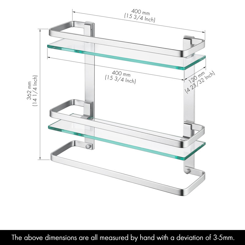 2 Tier 15.7-Inch Bathroom Tempered Glass Shelf  Storage Glass Shelf Rectangular With Bar Aluminum