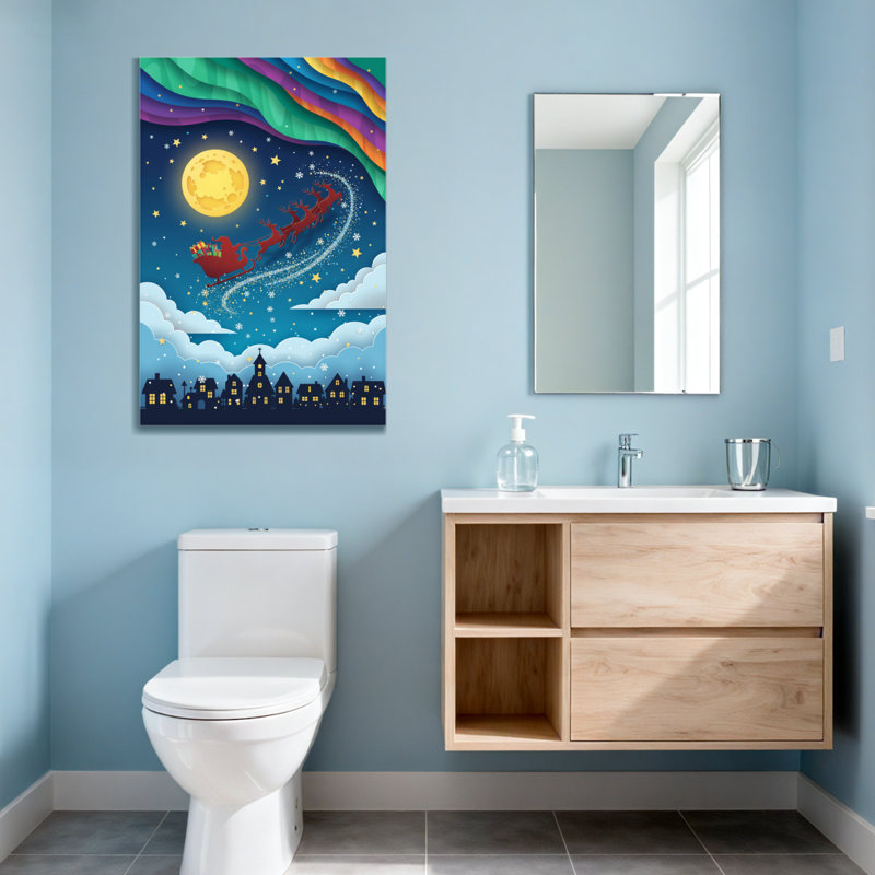 Noël, traîneau du Père Noël, lune, étoiles, nuages, ville, ciel nocturne, H 24 po x l 16 po