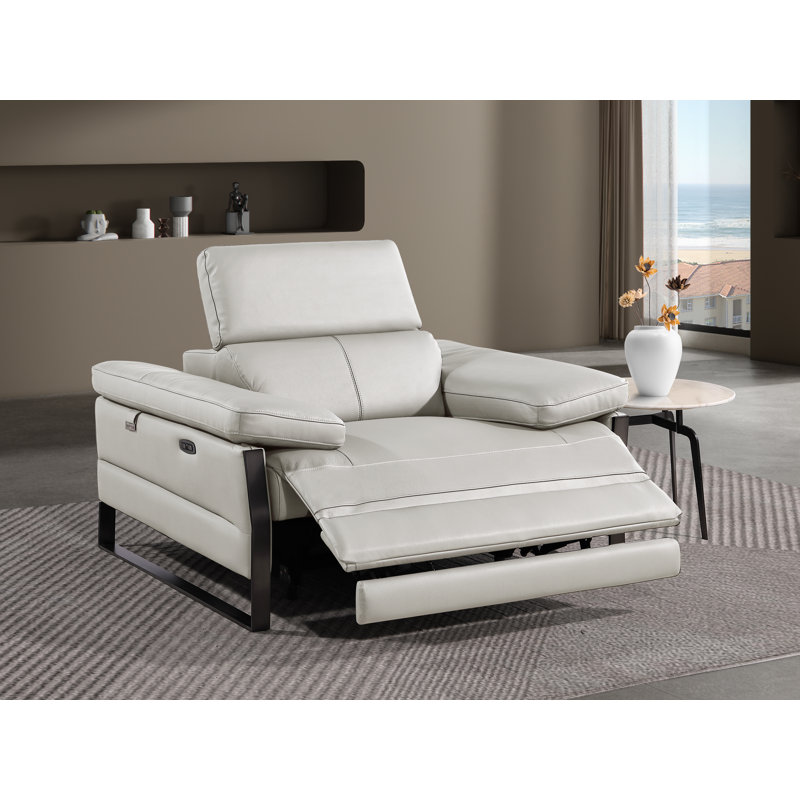 Top Grain Italian Leather Power Reclining Arm Chair with Power Headrests, Light Gray