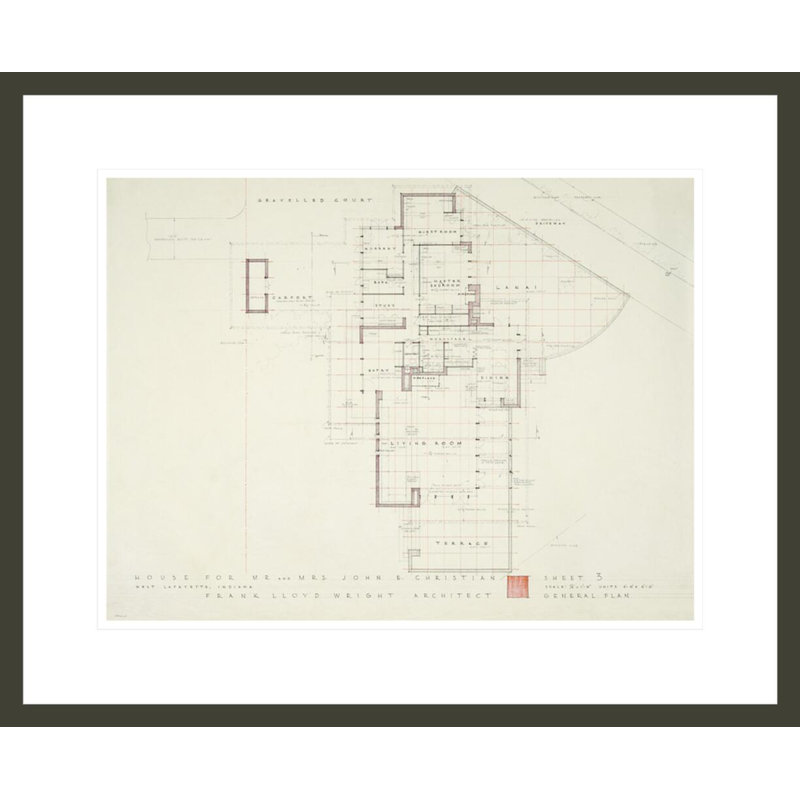 Maison John E. Christian (plan général) West Lafayette Indiana. par Frank Lloyd Wright - Estampe numérique encadrée