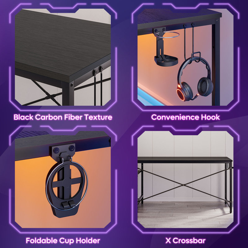 Nedyo 44'' W Computer Desk with RGB LED Lights & Reversible Storage Shelves,Home Office Desk with Hooks, CPU Stand,Cup Holder and Cloud Magnets，Gaming Desk.