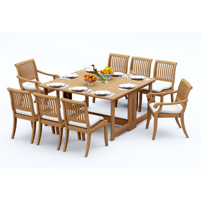 Ensemble de salle à manger 7 pièces en bois de teck de qualité A: table rectangulaire carrée de 60 po et 6 chaises empilables (2 et 4 sans accoudoirs) # 11AB1402